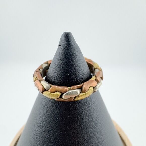 Tri-Color Russian Wedding Band Ring 925 Sterling Silver Mixed Metal Puzzle Ring - Picture 6 of 8